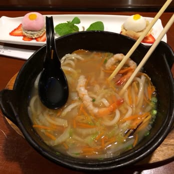 Komachi Sushi - Seafood Udon and a complimentary dessert (fried Oreos with mochi and strawberry). - Japanese Near Me - Lodi, California