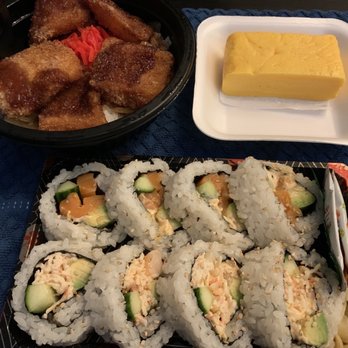 Tensuke Market - Salmon cutlet over rice; Shrimp and Salmon sushi roll; Tamagoyaki - International Grocery Near Me - Columbus, Ohio