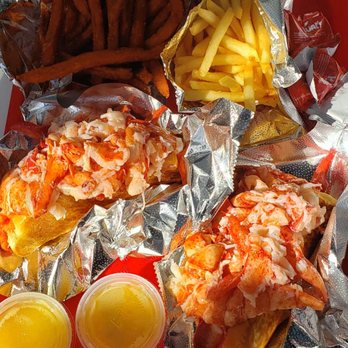 Red's Eats - 2 lobster rolls with regular melted butter with regular and sweet potato fries. - Seafood Near Me - Wiscasset, Maine