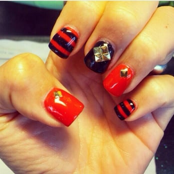 Nail Candy - Red & black gel with gold studs. - Nail Salons Near Me - Chico, California Nail Candy - Red & black gel with gold studs. - Nail Salons Near Me - Chico, California