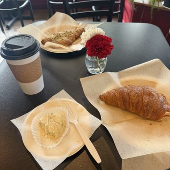 Radiant Flavors Cafe - Matcha Latte, egg & cheese bite, regular croissant, & an almond honey croissant - Cafes Near Me - Seattle, Washington