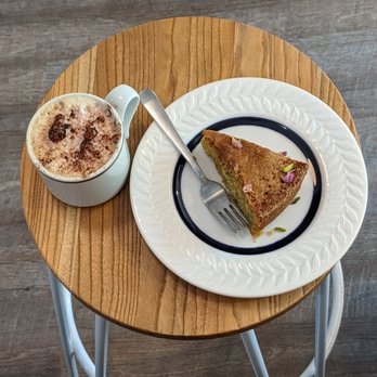 The Arch Café - Cappuccino and Pistachio+Rose Cake - Breakfast & Brunch Near Me - Toronto, Ontario