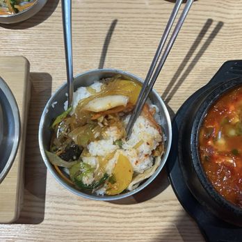 Seoul Tofu - Kimchi Soup, Rice bowl with assorted veggies and fruit. - Korean Near Me - Queens, New York