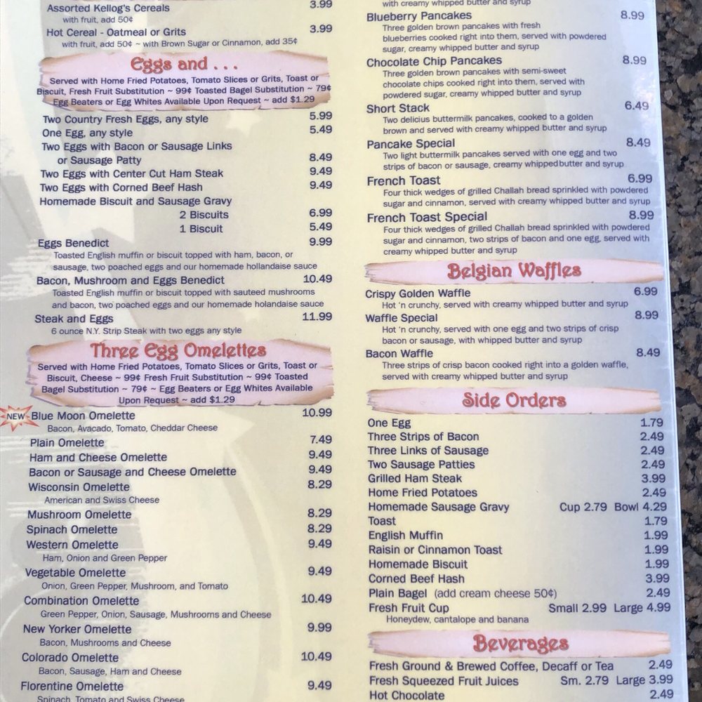 Blue Moon Breakfast menu, yum!