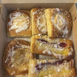 Rudy's Bakery - Cheese Danish, Apple Danish, and pastry with raspberry and custard