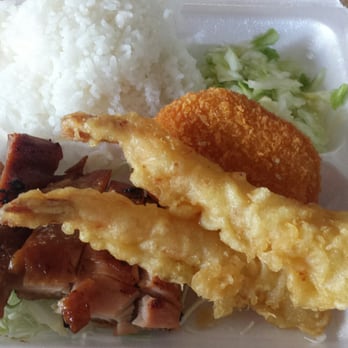 Restaurant Matsu - Combo "D" ($9.00) - Yakitori Chicken, Shrimp Tempura, & Vegetable Croquete. - Japanese Near Me - Kahului, Hawaii Restaurant Matsu - Combo "D" ($9.00) - Yakitori Chicken, Shrimp Tempura, & Vegetable Croquete. - Japanese Near Me - Kahului, Hawaii