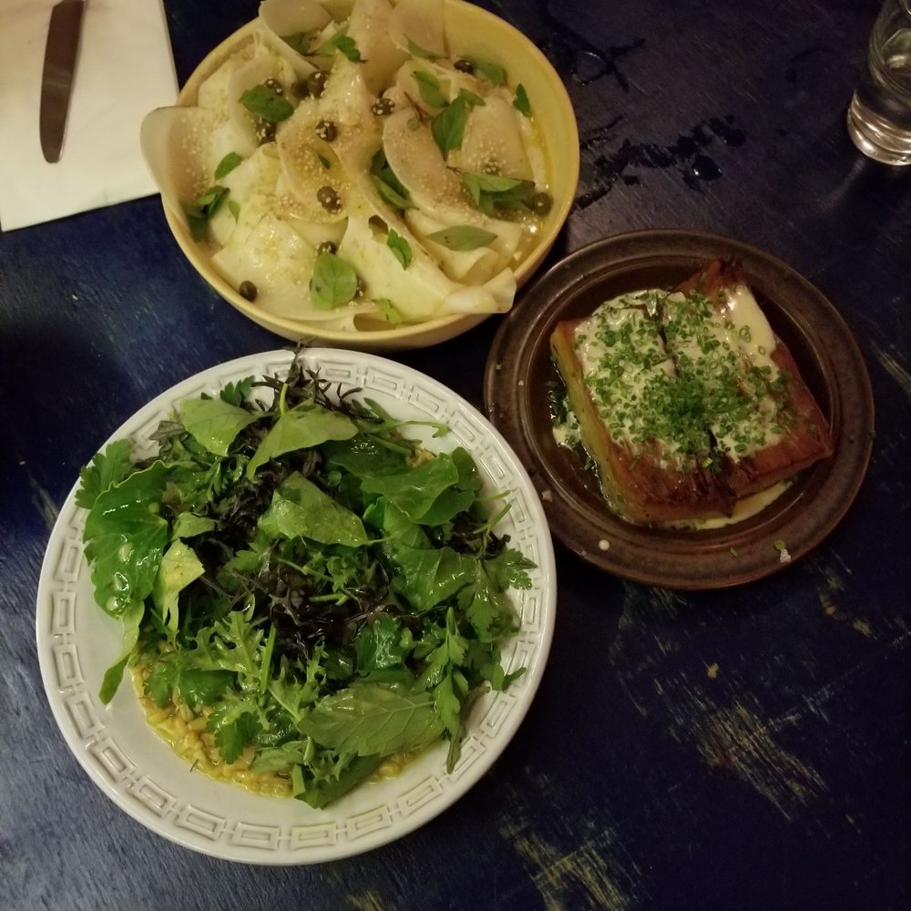 Manfreds - Left: creamy grains and herbs; top: celeriac & radishes; right: pommes Anna - Scandinavian Near Me - København N, 84 Manfreds - Left: creamy grains and herbs; top: celeriac & radishes; right: pommes Anna - Scandinavian Near Me - København N, 84