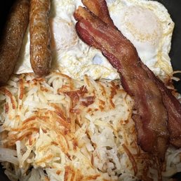2 Eggs Over Easy, Hash Browns, Bacon & Sausage 6-5-2022