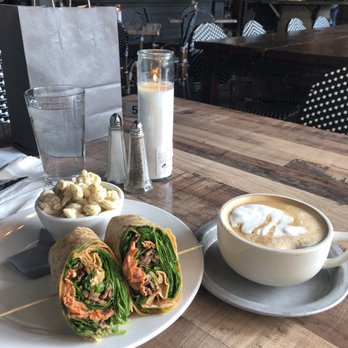 Chaps Coffee - Salmon wrap with pasta salad, and latte - Bakeries Near Me - Spokane, Washington
