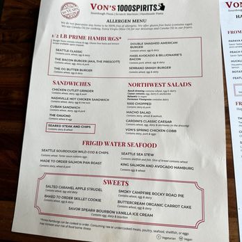 Von's 1000Spirits - Allergen menu - Burgers Near Me - Woodinville, Washington