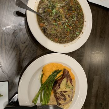 Chez Daniel - Grilled pork chop and mushroom stew. Excellent! - French Near Me - Frenchtown, New Jersey
