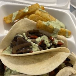 Florida Hospital Lakeside Cafe - Veggie fajitas with yuca fries. Sauce is very good and spicy.