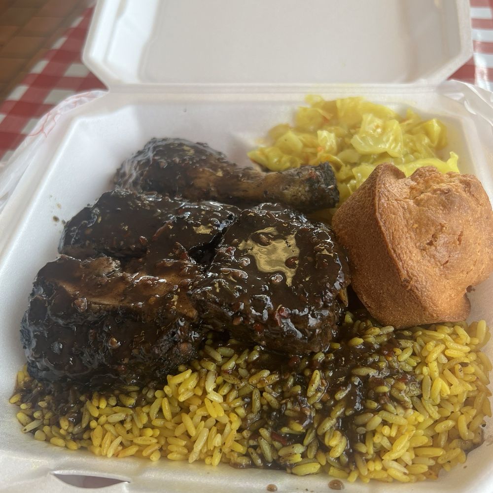 Island Kitchen - Large jerk chicken w/ yellow rice, cabbage, & cornbread. - Caribbean Near Me - Pensacola, Florida Island Kitchen - Large jerk chicken w/ yellow rice, cabbage, & cornbread. - Caribbean Near Me - Pensacola, Florida