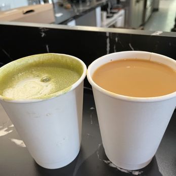 Adee's Coffee Roasters - Hot matcha (left), house blend + cream and sweetener (right) - Cocktail Bars Near Me - Baltimore, Maryland