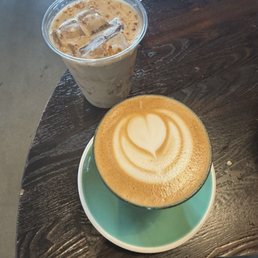 Latte and Iced Brown Sugar Latte with Oatmilk