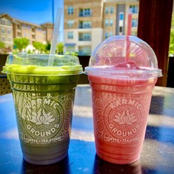 Karmic Grounds - Butterfly matcha and forgot the name of the second drink I believe it was seasonal with rose ice blended drink