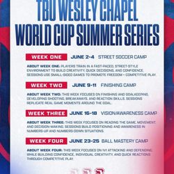 Tampa Bay United Soccer Club - TBU Wesley Chapel World Cup Summer Series, top youth soccer camp, street soccer, ball mastery, confidence, game awareness