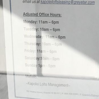 Kapolei Lofts - New hours. They are now posted to the website at the very bottom of their page.  Not on google or the maps app. - Apartments Near Me - Kapolei, Hawaii
