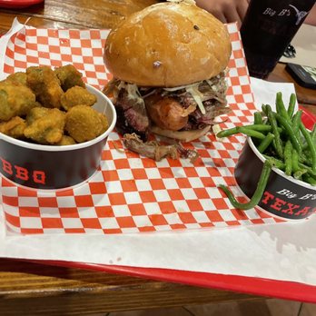 Big B's Texas BBQ - Green beans, Fried Okra, idk the name of this San which but it has sausage, brisket, pulled pork and Coleslaw! Yum! - Barbeque Near Me - Henderson, Nevada Big B's Texas BBQ - Green beans, Fried Okra, idk the name of this San which but it has sausage, brisket, pulled pork and Coleslaw! Yum! - Barbeque Near Me - Henderson, Nevada
