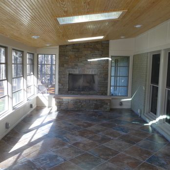 DECKorative Additions - 3-Season room w/ tile floor, T&G ceiling, and stone veneer wood burning fireplace - Decks & Railing Near Me