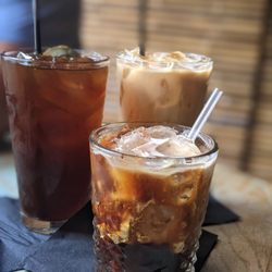 Double Trouble Caffeine & Cocktails - Left: cold brew Back right: caramel iced latte Front: Betty whizzle