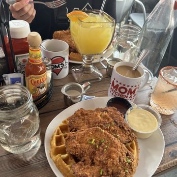 Mom's Kitchen & Bar - -Chicken and Bacon Waffle Momosa Mezcal watermelon drink - Bars Near Me - Astoria, New York Mom's Kitchen & Bar - -Chicken and Bacon Waffle Momosa Mezcal watermelon drink - Bars Near Me - Astoria, New York