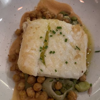 Ouzo Bay - Halibut with chick peas - Greek Near Me - Baltimore, Maryland