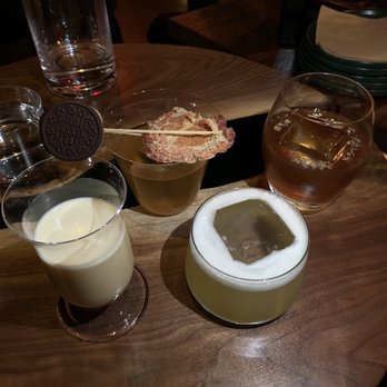 Double Chicken Please - Left to right: French toast, Red Eye Gravy, Cold Noodles, Mango Sticky Rice - Cocktail Bars Near Me - New York, New York Double Chicken Please - Left to right: French toast, Red Eye Gravy, Cold Noodles, Mango Sticky Rice - Cocktail Bars Near Me - New York, New York
