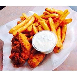 Chuck's Cafe - Their chicken tenders and fries. I take their homemade blue cheese on the side;they also offer homemade honey mustard, bbq, etc.