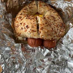 Sausage, egg and cheese on everything bagel