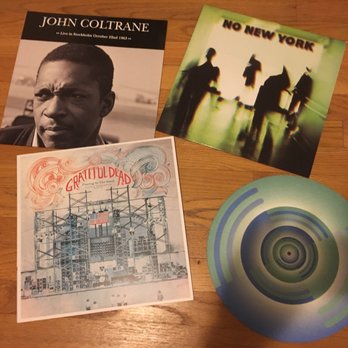 Deep Thoughts Record Shop - (clockwise starting top left): John Coltrane, No New York, Deep Thoughts record player slipmat (a must-have!!), and the Grateful Dead. - Vinyl Records Near Me - Northampton, Massachusetts