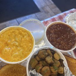 Fried okra Creamy delicious Mac & Cheese sweet baked beans Fried okra Creamy delicious Mac & Cheese sweet baked beans