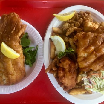 Flo's Clam Shack - Fish on the left ($7.95) Fisherman's Platter on the right ($27) - Seafood Near Me - Middletown, Rhode Island