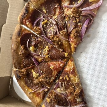 Earthly Plant Based Eatery - Pepperoni & Sausage Pizza with bacon bits, onion, garlic - Vegan Near Me - Las Vegas, Nevada