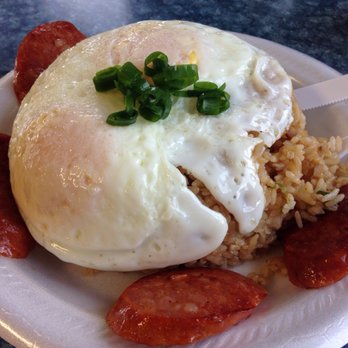 Hukilau Cafe - Fried rice, Portuguese sausage, eggs over medium. Broke da mouth! - Hawaiian Near Me - Laie, Hawaii Hukilau Cafe - Fried rice, Portuguese sausage, eggs over medium. Broke da mouth! - Hawaiian Near Me - Laie, Hawaii