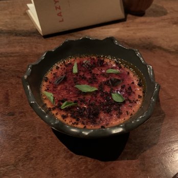 Lazy Bear - Tomato creme brulee topped with thai basil and black olives - New American Near Me - San Francisco, California