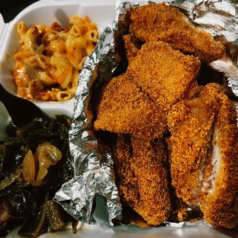 Doll's Kitchen - Spicy Fried Fish plate with mac & cheese and greens - Soul Food Near Me - Fresno, California Doll's Kitchen - Spicy Fried Fish plate with mac & cheese and greens - Soul Food Near Me - Fresno, California
