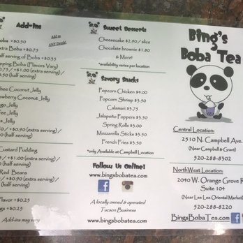 Bing's Boba Tea - Menu (November 2019) - Coffee & Tea Near Me - Tucson, Arizona