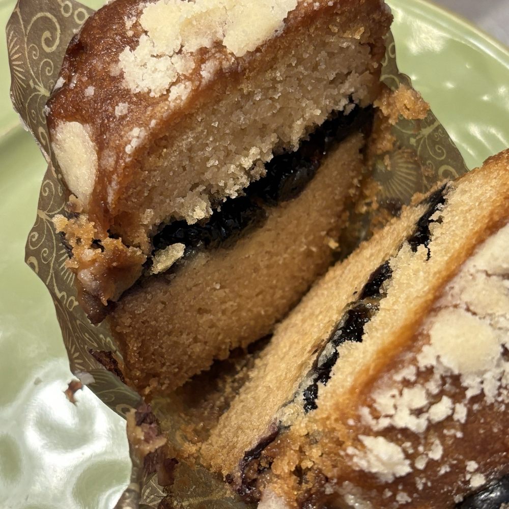 Gluten free vegan blueberry muffin, cut open Gluten free vegan blueberry muffin, cut open