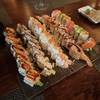 O-Ku - Left to right: Spider Roll, Spicy Tuna Crunch Roll, Salmon And Lemon Roll, Red Dragon (my favorite), Rainbow Roll - Sushi Bars Near Me - Charlotte, North Carolina