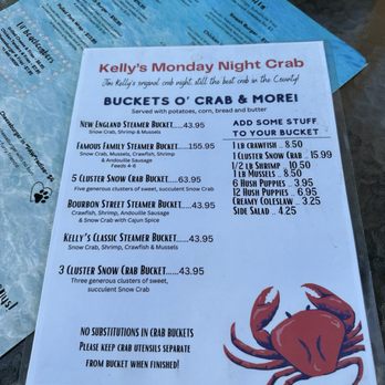 Kelly's Riverside Saloon - Monday Crab Night menu - American Near Me - Beaver, Pennsylvania Kelly's Riverside Saloon - Monday Crab Night menu - American Near Me - Beaver, Pennsylvania