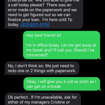 Enterprise Car Sales - Kerry's text about the paperwork. The phony tone is crazy. But I played along because I know how sales works. - Car Dealers Near Me - Concord, California Enterprise Car Sales - Kerry's text about the paperwork. The phony tone is crazy. But I played along because I know how sales works. - Car Dealers Near Me - Concord, California