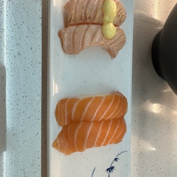 Kawa Revolving Sushi - Salmon (sake) (right) and Mayo Salmon (left) - Conveyor Belt Sushi Near Me - Beavercreek, Ohio