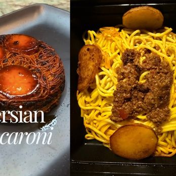 Tahdig Kitchen - Persian Macaroni (Instagram version on the left, and customer version on the right) - Mediterranean Near Me - Irvine, California Tahdig Kitchen - Persian Macaroni (Instagram version on the left, and customer version on the right) - Mediterranean Near Me - Irvine, California