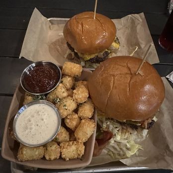 Burger Bench - Smokehouse Stack, Classic Burger, and Truffle Parmesan Tots with Bbq and Garlic Aioli. The aioli was thin but very tasty. - Burgers Near Me - Vista, California