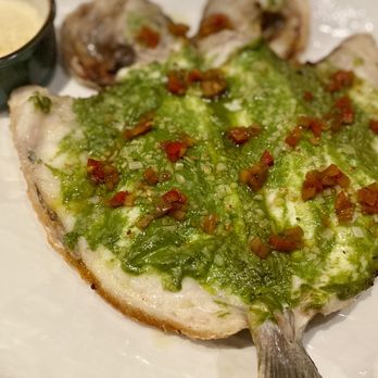 Anima by Edo - Whole Mediterranean Dorade - served with a pesto sauce and diced bell peppers. As we say in Hawai'i - so 'ONO! - Tapas/Small Plates Near Me - Las Vegas, Nevada