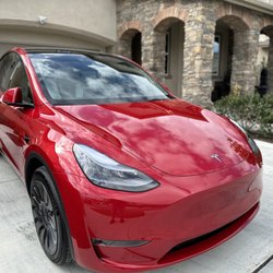 Ultimate Finish - Red 2023 Tesla Model Y. Front clip PPF, Ceramic V3 coating & Ceramic Tint
