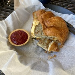 Kneaders Bakery & Cafe - Sausage, Egg, & Cheese Breakfast Sandwich, Mini Raspberry Tart