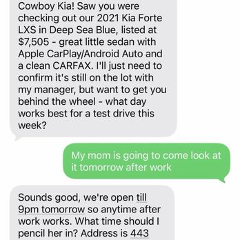 Cowboy Kia - Confirmation of them saying how much the car was the night before. - Car Dealers Near Me - Conroe, Texas Cowboy Kia - Confirmation of them saying how much the car was the night before. - Car Dealers Near Me - Conroe, Texas