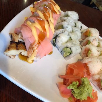 Sushimono - Philadelphia roll on right side with soy wrap Avo Maki Roll in the middle. The other one is a chicken roll - Japanese Near Me - Fair Oaks, California Sushimono - Philadelphia roll on right side with soy wrap Avo Maki Roll in the middle. The other one is a chicken roll - Japanese Near Me - Fair Oaks, California
